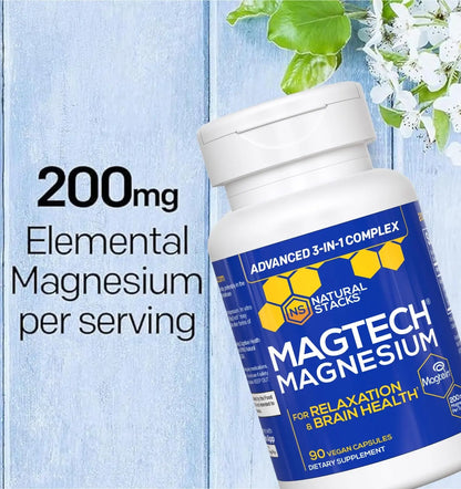 MagTech Magnesium Complex for Women & Men - 3 Forms of Magnesium: Glycinate, Magtein L-Threonate & Taurate - 200mg Chelated Complex NATURAL STACKS