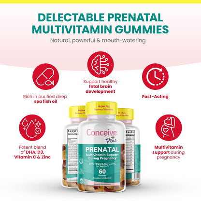 CONCEIVE PLUS Prenatal Gummies - DHA, Folic Acid, Vitamin D3, C, Zinc, and Omega 3, Natural Lemon CONCEIVE PLUS