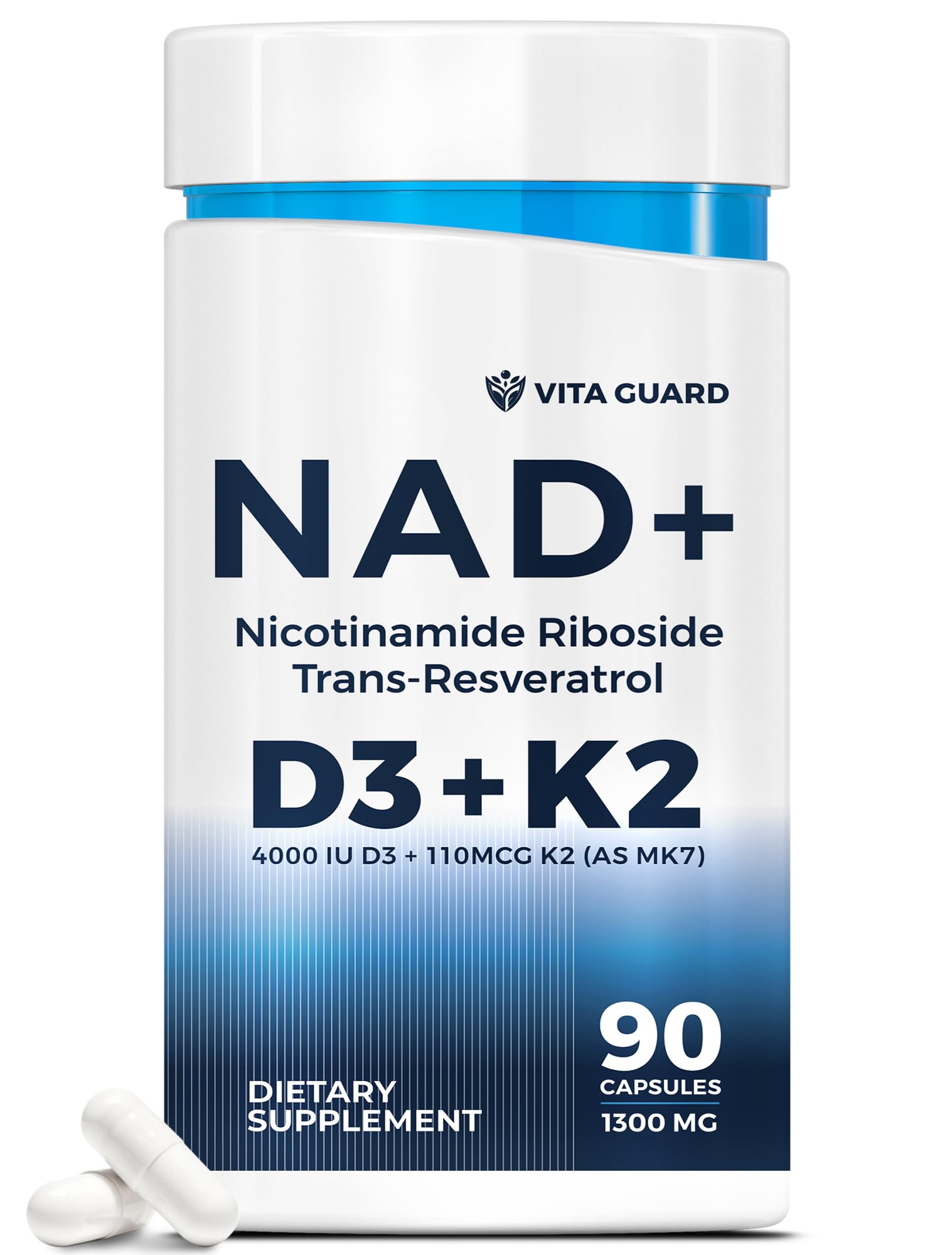 Anti-Aging Energy NAD Supplement – NMN Alternative with Nicotinamide Riboside 1000mg, Trans-Resveratrol 300mg, Vitamin D3 4000 IU and K2 110 mcg MK7 – Vegetarian 60 Capsules, 1300mg Vita GuardBuy Supplements Australia
