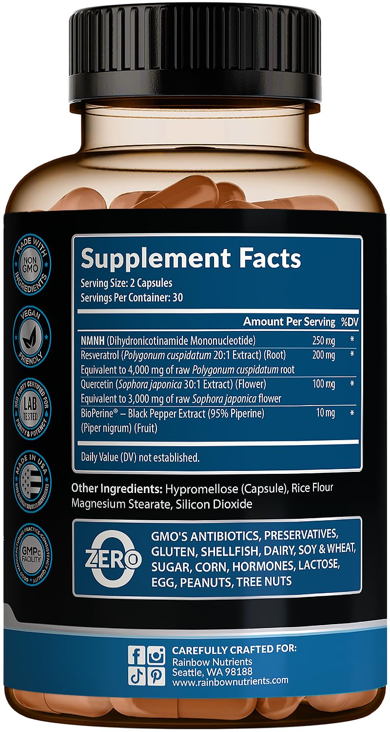 NMNH Supplement (NMN Alternative) NAD Booster for Anti-Aging, Cellular Energy & Nice Skin- Dihydronicotinamide mononucleotide, Resveratrol, Quercetin & BioPerine® for Max Absorption- 60 caps Rainbow Nutrients, LLCBuy Supplements Australia