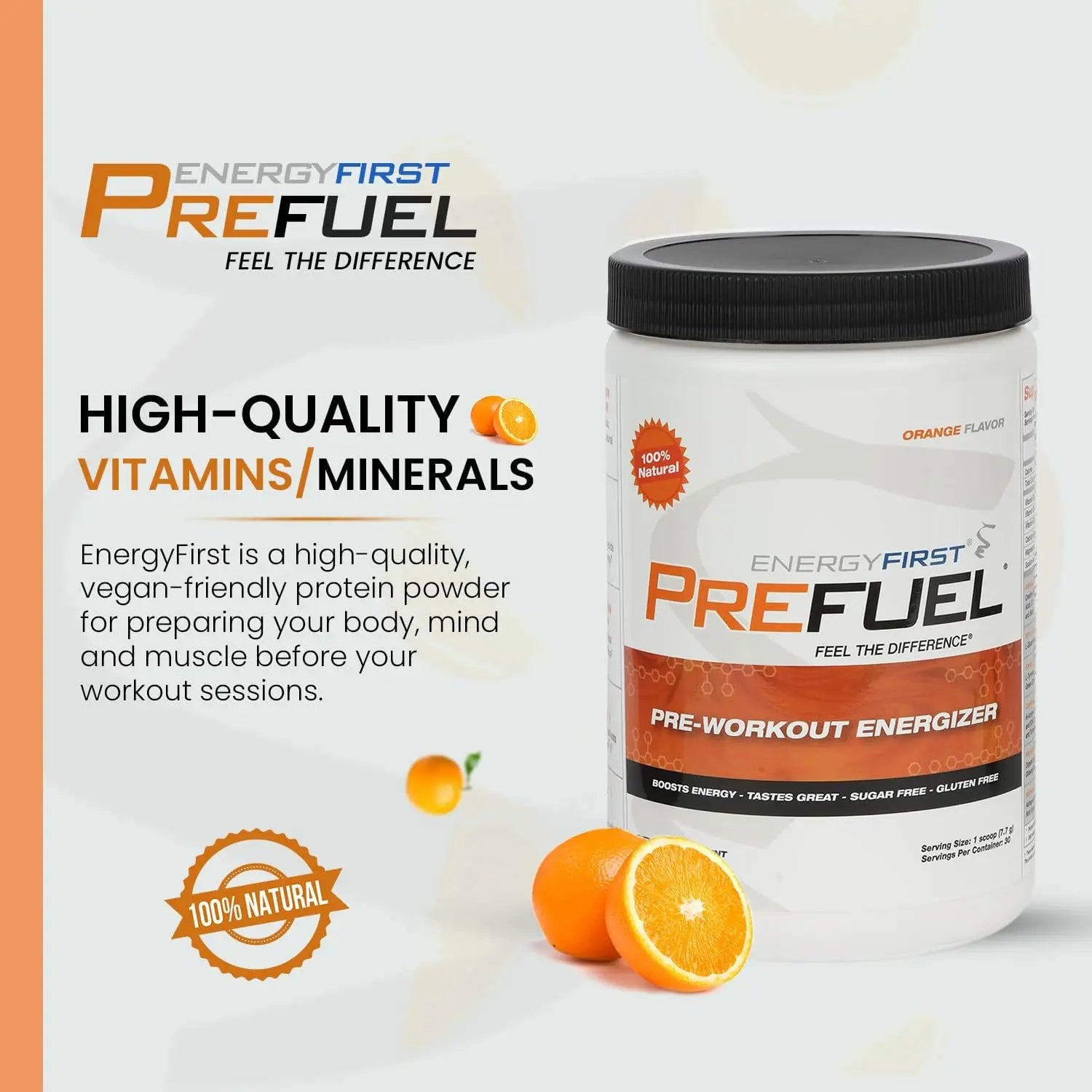 EnergyFirst Prefuel Pre-Workout Powder, Orange Flavor, Boost Energy, Creatine Monohydrate EnergyFirst