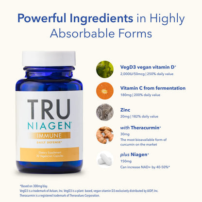 TRU NIAGEN Immune Support Supplement - Daily Defense, Vitamin C from Fermentation, Vegan Vitamin D3 2000 IU, Zinc, Plus Theracurmin (Curcumin) + Multi Award-Winning NAD Boosting Niagen 150mg 60ct TRU NIAGENBuy Supplements Australia