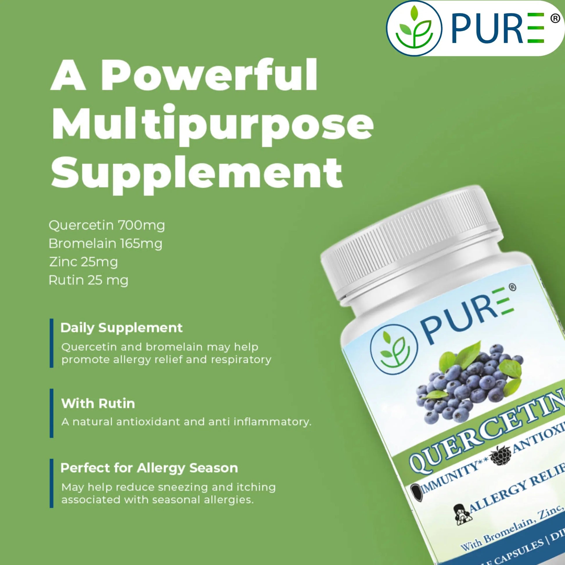 PURE® Quercetin+ with Zinc, Bromelain, Rutin Immune Shield - 60 Capsules - High Bioavailability Antioxidant Complex for Respiratory Health & Viral Defense - Made in USA PURE buy supplements Au