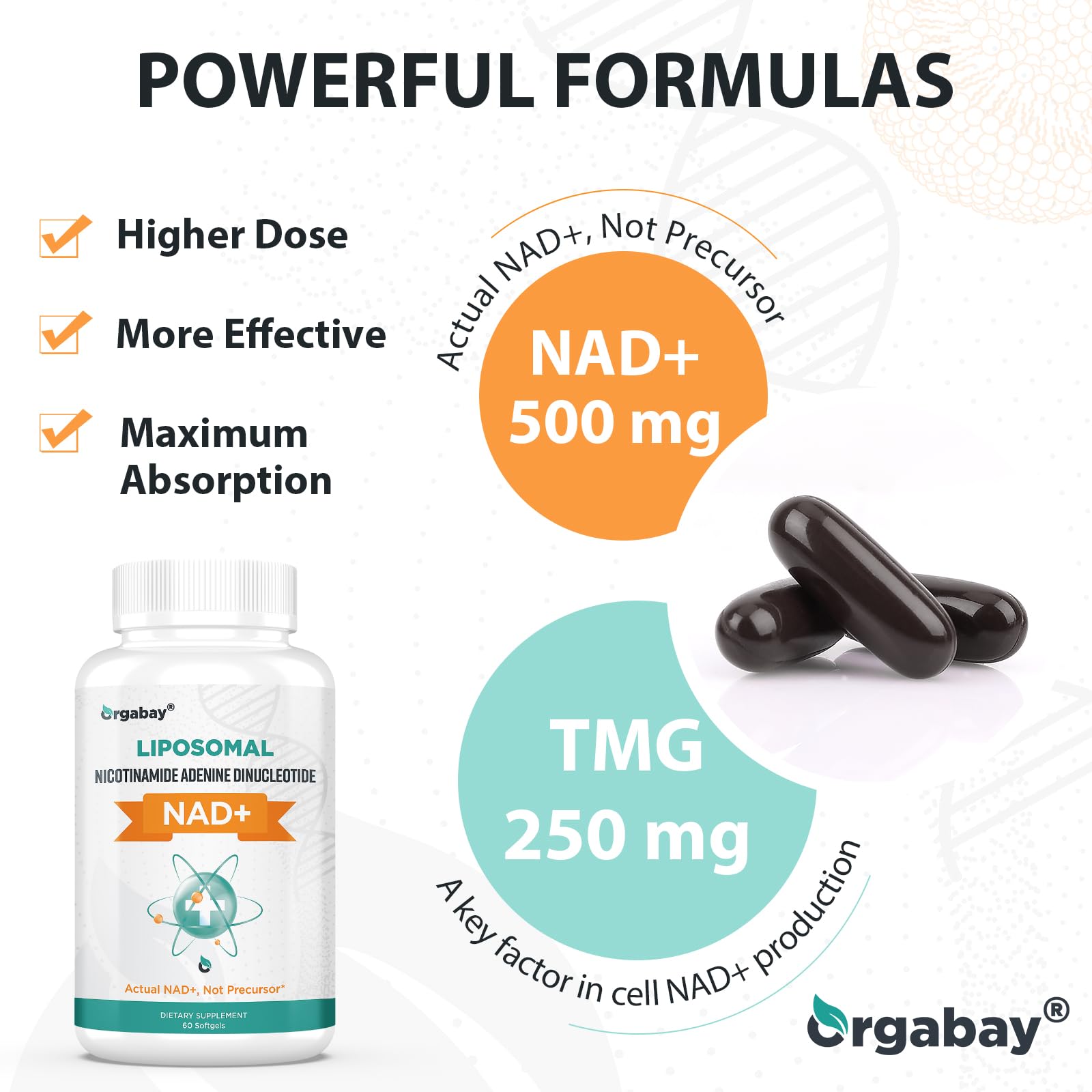 Orgabay Liposomal NAD+ Supplement 500 mg, High Absorption, Boost NAD+ with TMG 250 mg, Actual NAD Plus More Efficient Than Nicotinamide Riboside, Support Cellular Energy, Healthy Aging | 60 Softgels OrgabayBuy Supplements Australia