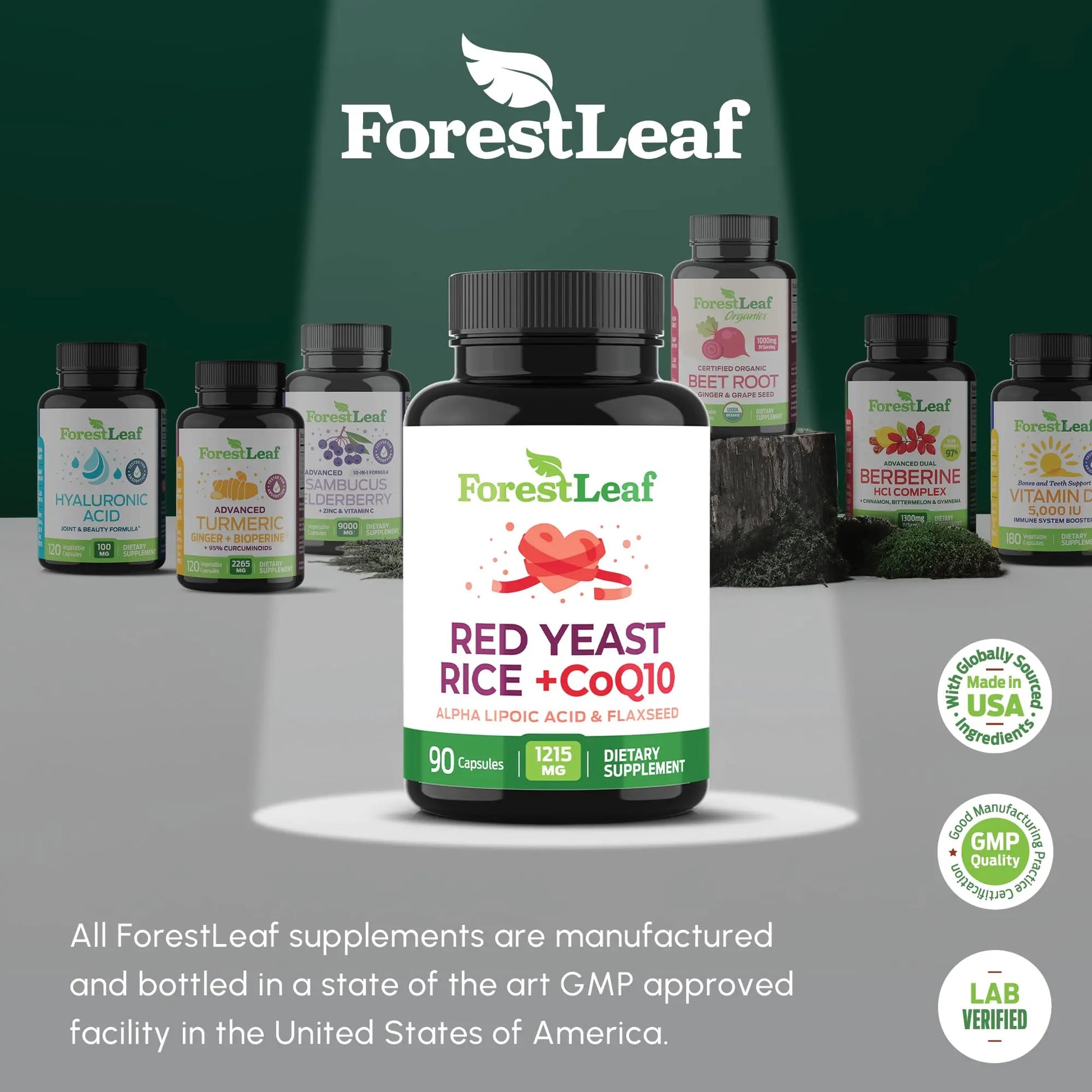 Red Yeast Rice 1215 mg. Capsules - Extra Strength Red Rice Yeast with CoQ10 Supplement, Plus Alpha Lipoic Acid & Organic Flaxseed, Citrinin Free, ForestLeaf