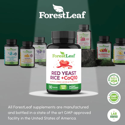 Red Yeast Rice 1215 mg. Capsules - Extra Strength Red Rice Yeast with CoQ10 Supplement, Plus Alpha Lipoic Acid & Organic Flaxseed, Citrinin Free, ForestLeaf