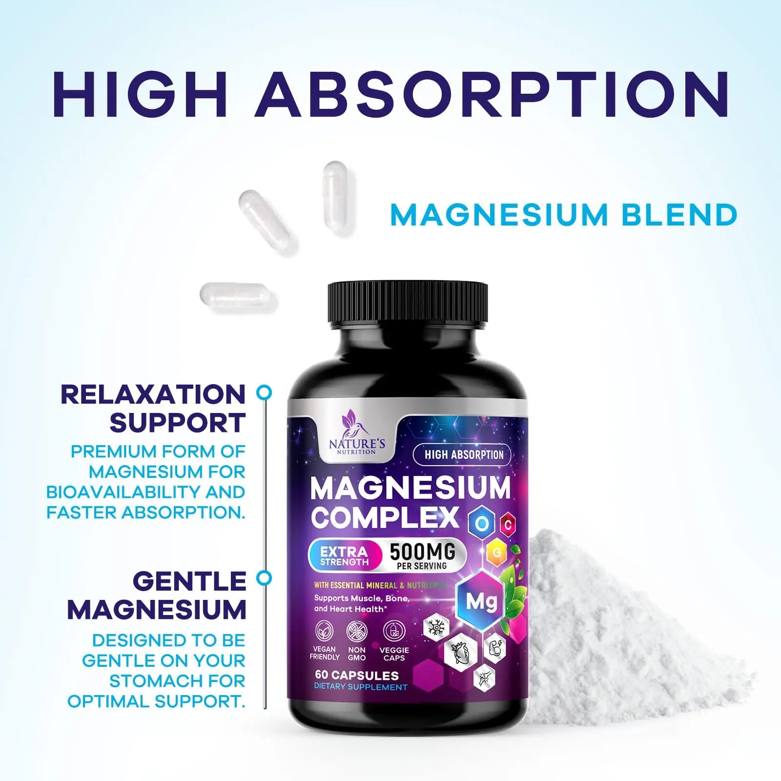 Magnesium Complex Supplement - Magnesium 500 mg Per Serving - 4 in 1 High Absorption Blend - 100% Chelated Magnesium Glycinate with Malate, Citrate & Oxide - Vegan Complex - USA Bottled - 60 Capsules Nature's Nutrition buy supplements Au