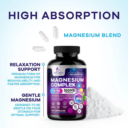 Magnesium Complex Supplement - Magnesium 500 mg Per Serving - 4 in 1 High Absorption Blend - 100% Chelated Magnesium Glycinate with Malate, Citrate & Oxide - Vegan Complex - USA Bottled - 60 Capsules Nature's Nutrition buy supplements Au