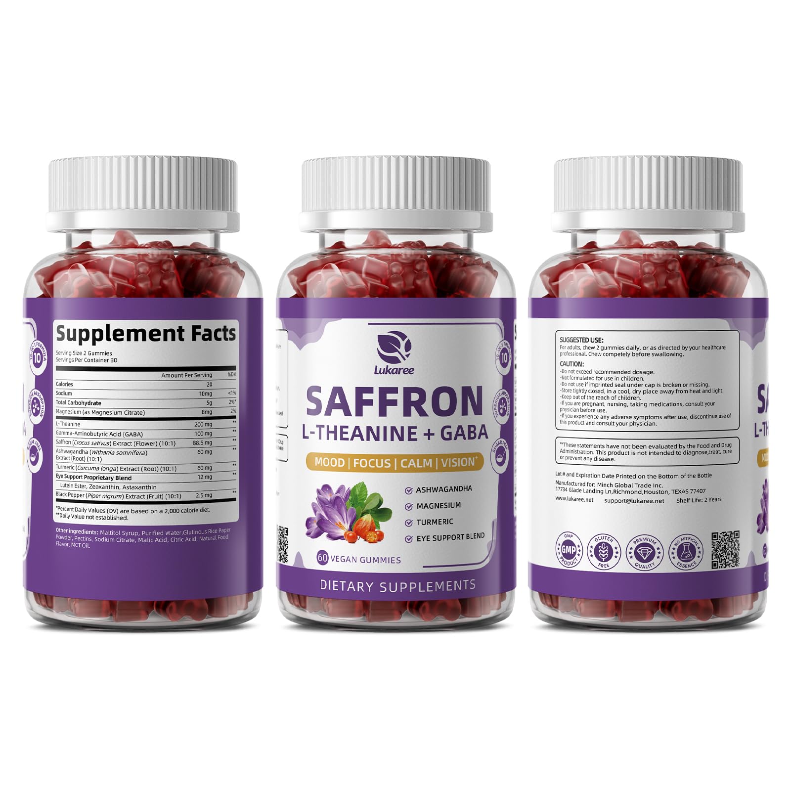 10-in-1 Saffron Supplements Gummies - Saffron Extract 88.5 mg with L-Theanine, GABA, Ashwagandha, Turmeric,Magnesium – Mood, Focus, Vision Support & Cortisol Balance, Sugar Free, Vegan, 60 Counts LukareeBuy Supplements Australia