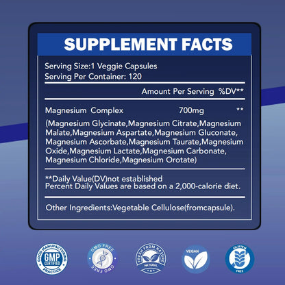 Magnesium Complex 700mg 12 in 1 Magnesium Supplement with Glycinate, Citrate, Malate | Sleep, Calm, Muscle Relaxation, Heart Health Support | Vegan 120 Capsules WINYEL buy supplements Au