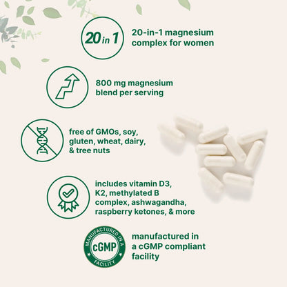 Magnesium Complex for Women, 240 Vegetarian Capsules | 20-in-1 Formula - Magnesium Blend with Vitamin D3, K2 Micro Ingredients
