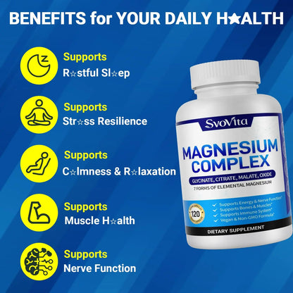 Magnesium Complex Supplement with 7 Forms of Magnesium Glycinate, Malate, Citrate & More, High Absorption for Bones, Muscle, Recovery, Energy, Vegan Non-GMO 120 Capsules Svovita buy supplements Au