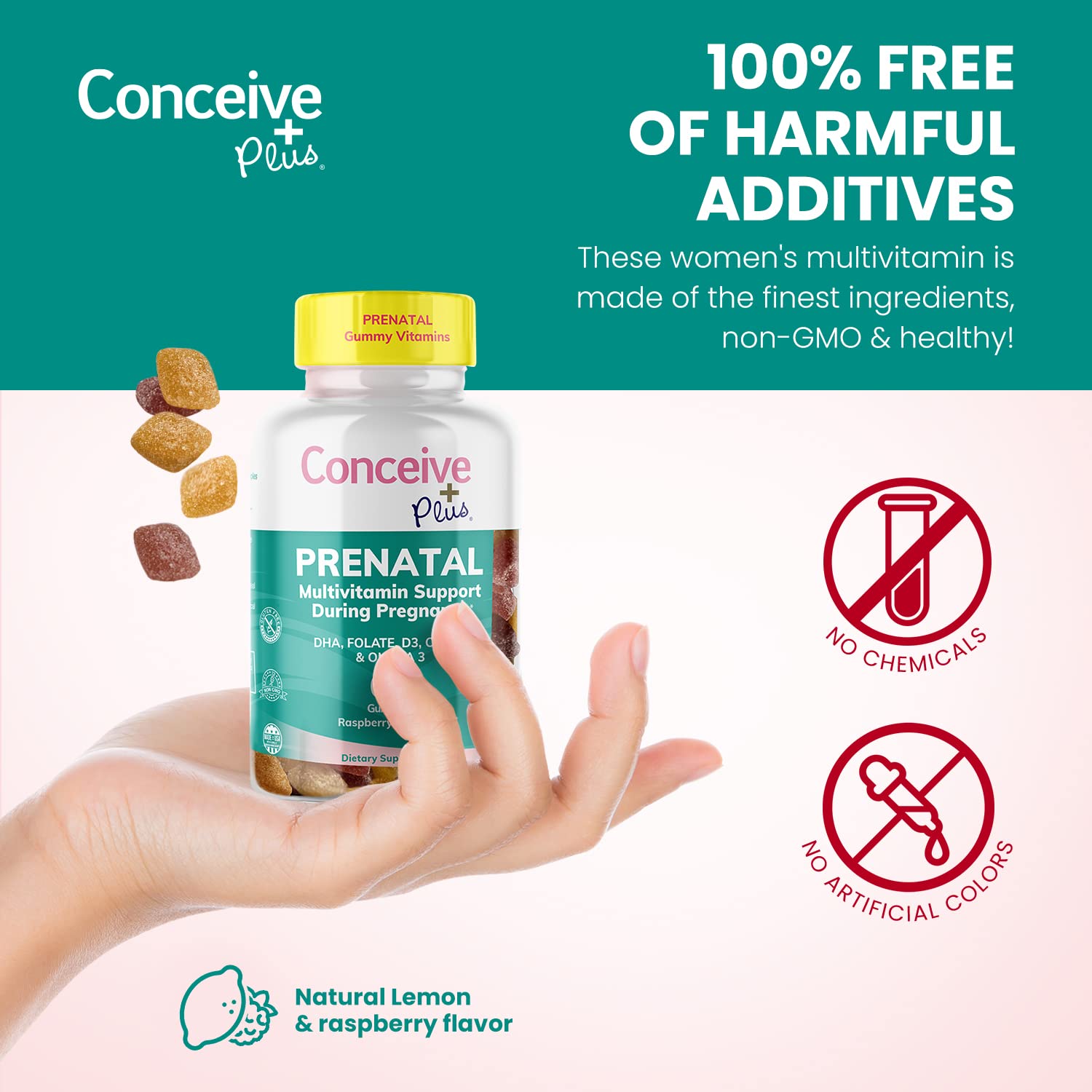 CONCEIVE PLUS Prenatal Gummies - DHA, Folic Acid, Vitamin D3, C, Zinc, and Omega 3, Natural Lemon CONCEIVE PLUS