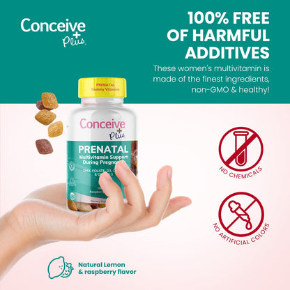 CONCEIVE PLUS Prenatal Gummies - DHA, Folic Acid, Vitamin D3, C, Zinc, and Omega 3, Natural Lemon CONCEIVE PLUS