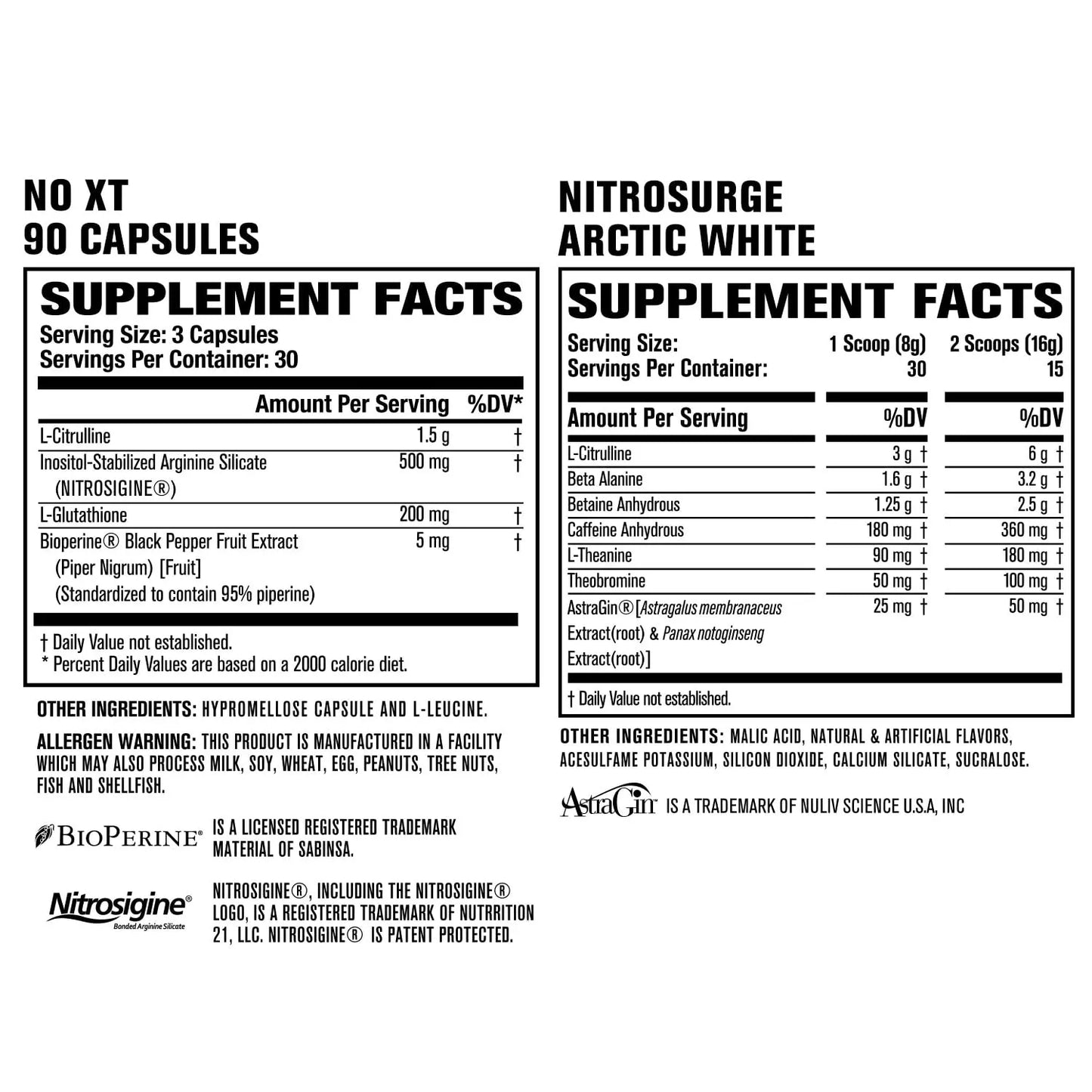 Jacked Factory Nitrosurge Pre-Workout in Arctic White & N.O. XT Nitric Oxide Booster Jacked Factory