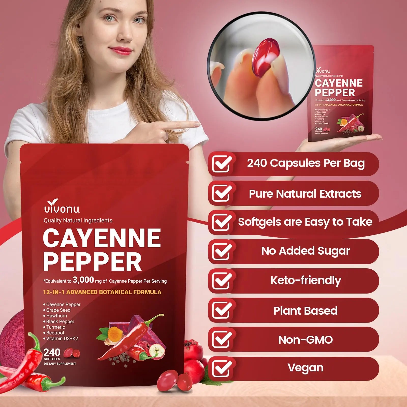 VivoNu Cayenne Pepper Softgels Supplement, Supports Leg Vein, Heart and Blood Vessel Health, with Vitamin E D3+K2 and Extracts of Grape Seed, Hawthorn VivoNu