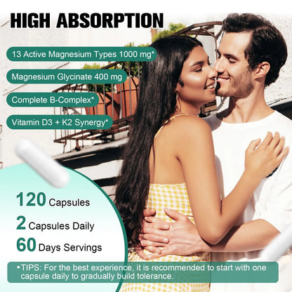 25-in-1 Magnesium Complex with Methylated B Complex Magnesium Glycinate Citrate Malate Taurate Gluconate Aspartate Carbonate D3 K2, Magnesium Supplement Totaria
