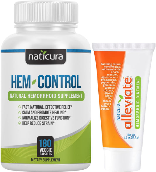 Naticura Bundle - Hem-Control Vegan Digestive Support Supplement (180 Count) and Alleviate Natural Hemorrhoid Relief Cream for Burning, Itching and Swelling (1.7 oz) Plus 2 Travel-Size Tubes NaticuraBuy Supplements Australia
