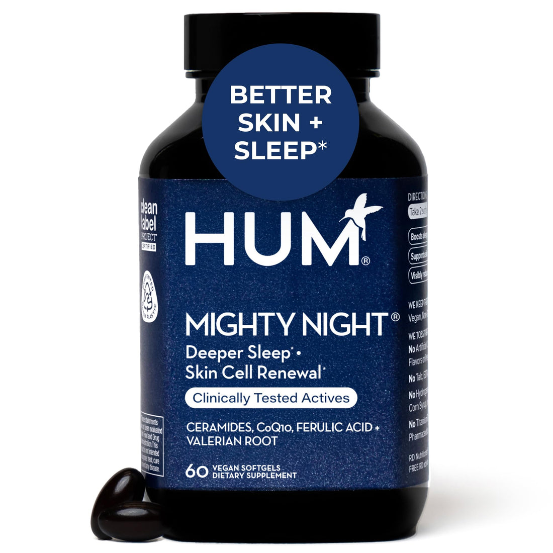 HUM Mighty Night Nighttime Sleep Supplement for Skin Care, CoQ10, Valerian Root & Ferulic Acid to Support Cell Turnover, Skin Vitamins for Women and Men, Overnight Beauty Vitamins, 60 Vegan Softgels HUMBuy Supplements Australia