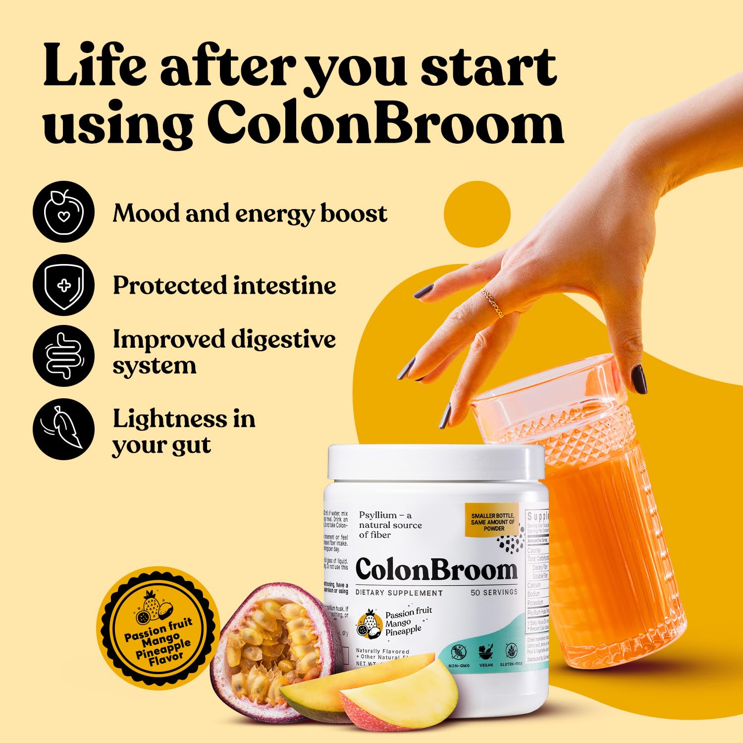 ColonBroom Psyllium Husk Powder with Stevia (Tropical Fruits) - Colon Cleanse for Bloating Relief & Gut Health - Colon Broom Fiber Powder Drink - Vegan Fiber Powder Stevia Supplement, 50 Servings ColonBroomBuy Supplements Australia