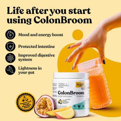ColonBroom Psyllium Husk Powder with Stevia (Tropical Fruits) - Colon Cleanse for Bloating Relief & Gut Health - Colon Broom Fiber Powder Drink - Vegan Fiber Powder Stevia Supplement, 50 Servings ColonBroomBuy Supplements Australia