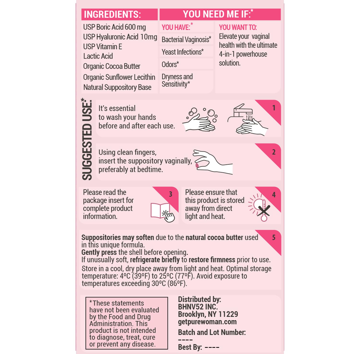 PURE WOMAN - pH-ighter Vaginal Boric Acid Suppositories for Women - Hyaluronic Acid - 4 in 1 Vaginal Suppositories for Discomfort, Dryness, Odor & pH Balance- Full Vaginal Health Care - 5pk PURE WOMANBuy Supplements Australia