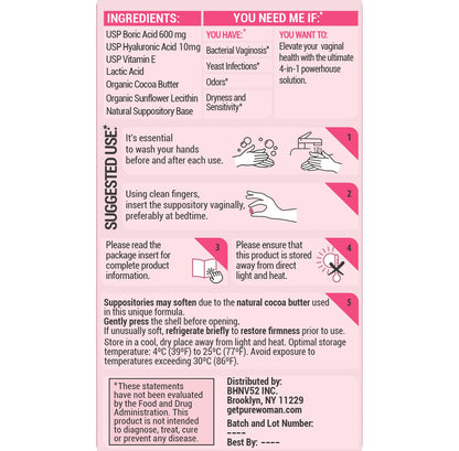 PURE WOMAN - pH-ighter Vaginal Boric Acid Suppositories for Women - Hyaluronic Acid - 4 in 1 Vaginal Suppositories for Discomfort, Dryness, Odor & pH Balance- Full Vaginal Health Care - 5pk PURE WOMANBuy Supplements Australia