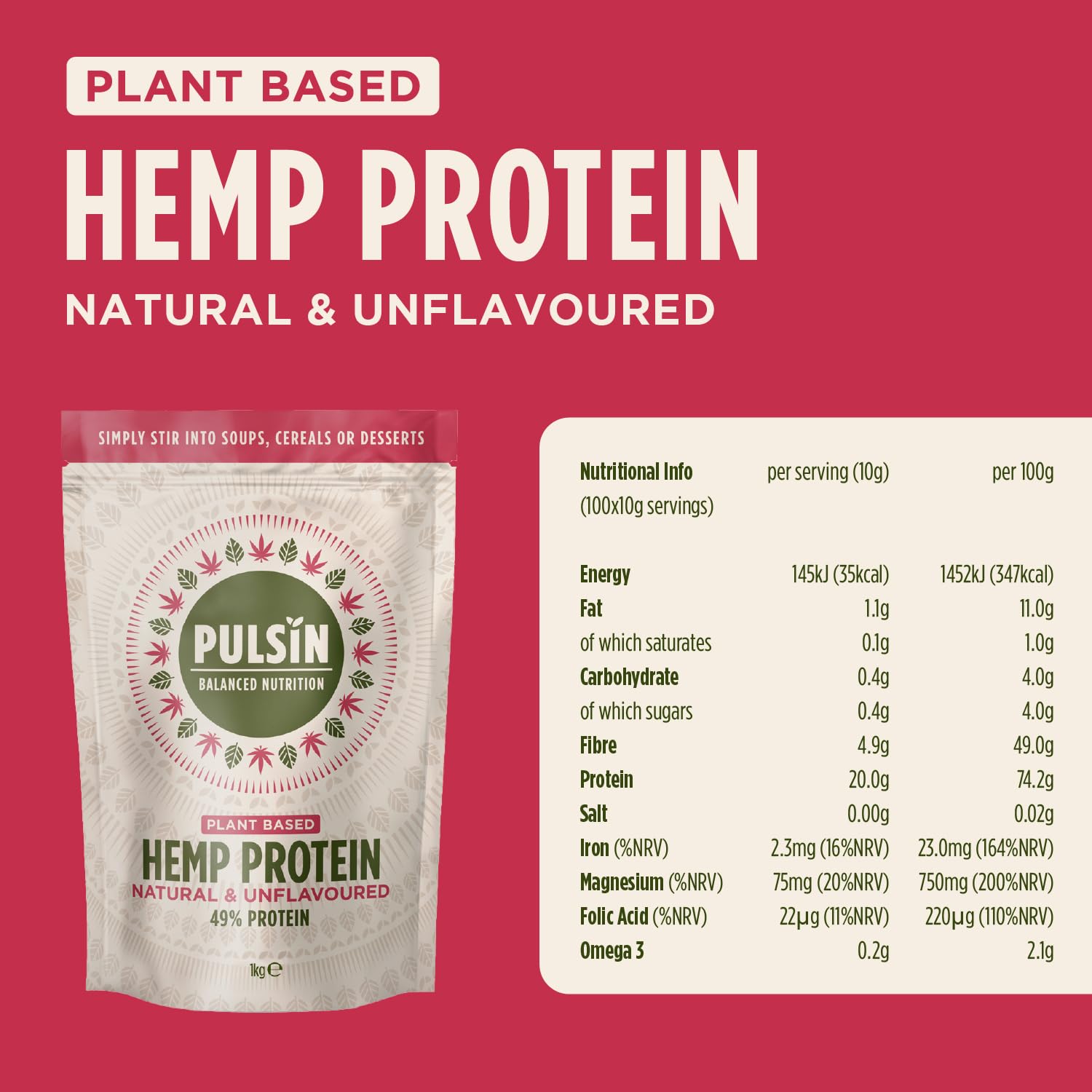 Pulsin - Natural Unflavoured Vegan Hemp Protein Powder - 1kg - 4.9g Protein, 0.4g Carbs, 35 Kcal Per Serving Pulsin