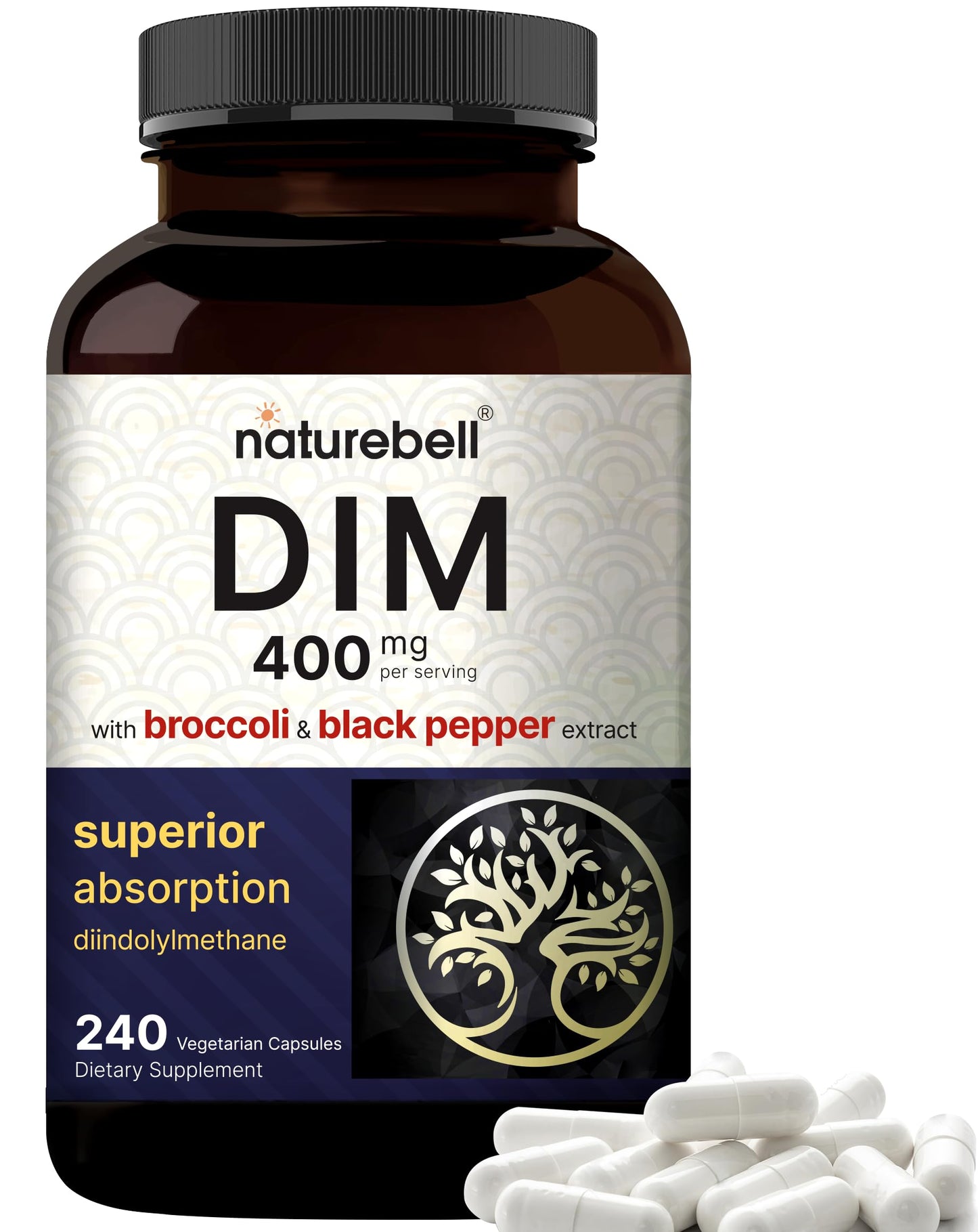 NatureBell DIM 400mg as Diindolylmethane, 240 Veggie Capsules | with Broccoli & Black Pepper NatureBell