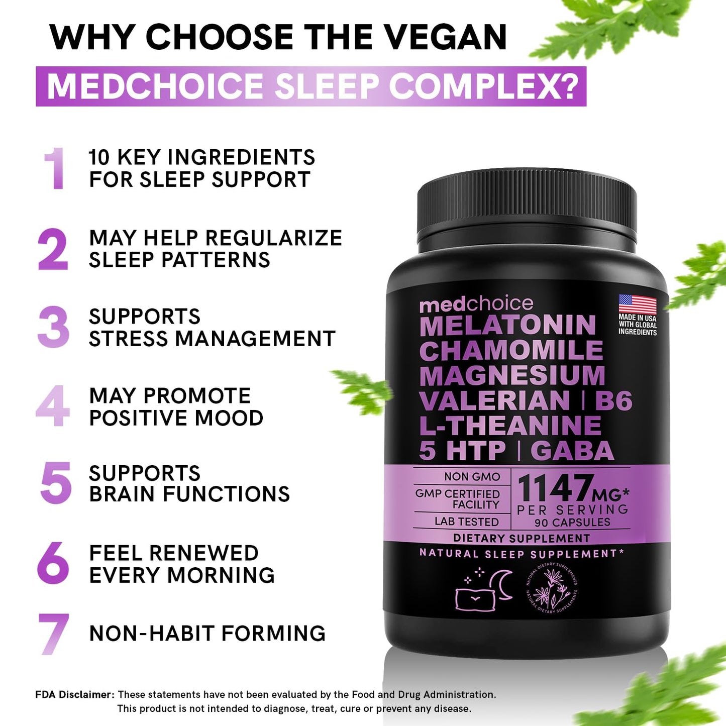 10-in-1 Melatonin Capsules - Melatonin 5mg Natural Sleep Aid for Adults MEDCHOICE