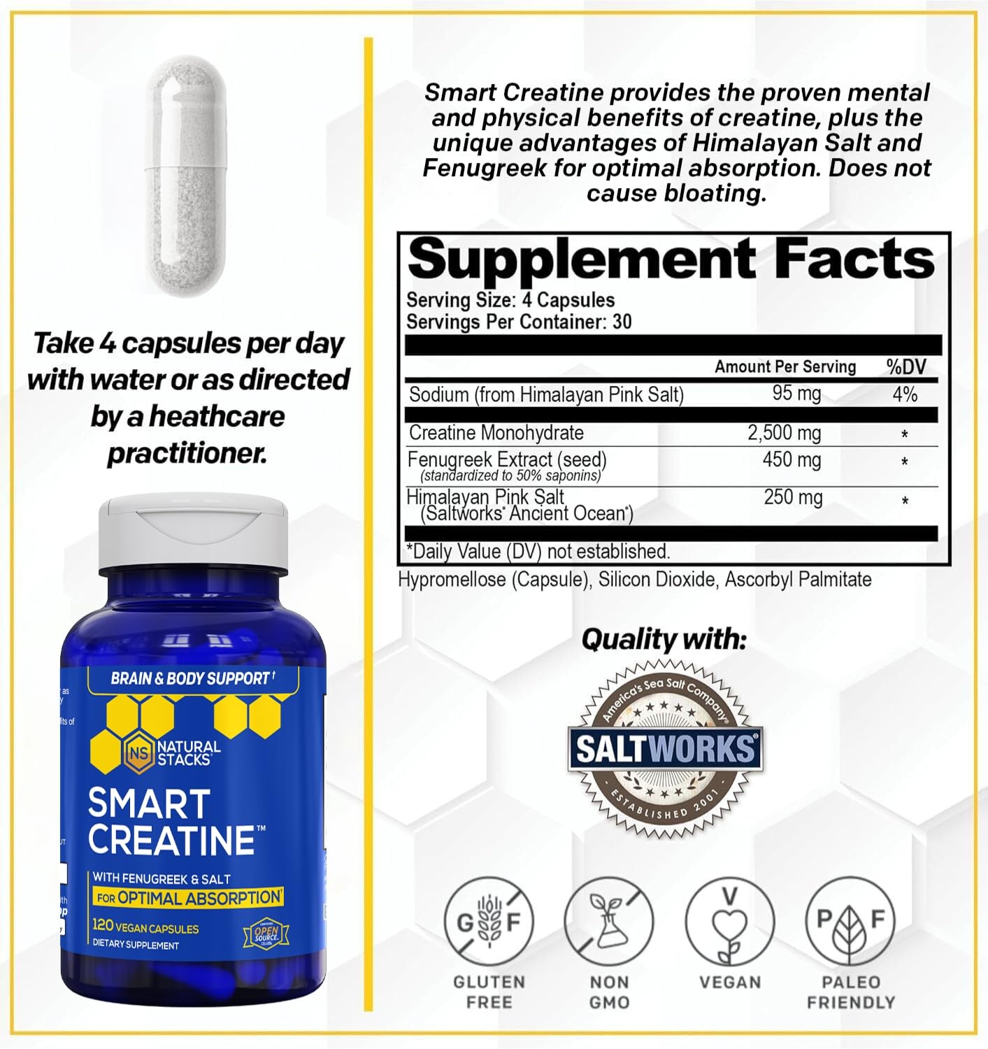 Creatine Monohydrate - 2500mg Creatine Pills - 450mg Fenugreek Extract & 250mg Himalayan Pink Salt - Supports Brain Health, Endurance & Muscle Building - Advanced Absorption Formula - 120 Capsules NATURAL STACKSBuy Supplements Australia