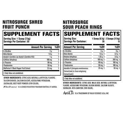 Jacked Factory Nitrosurge Pre-Workout in Sour Peach Rings & Fruit Punch Nitrosurge Shred Jacked Factory