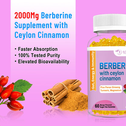 2 Pack Berberine with Ceylon Cinnamon Gummies, 2000mg High Potency Berberine HCI VZOXAINS
