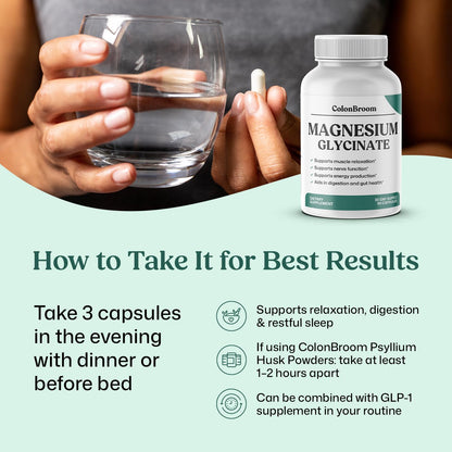 ColonBroom Pure Magnesium Glycinate Capsules | Supplement for Sleep, Heart & Muscle Support | Non-GMO, Gluten Free, Vegan & Sugar-Free | 1 Month Supply (90 Capsules) ColonBroomBuy Supplements Australia