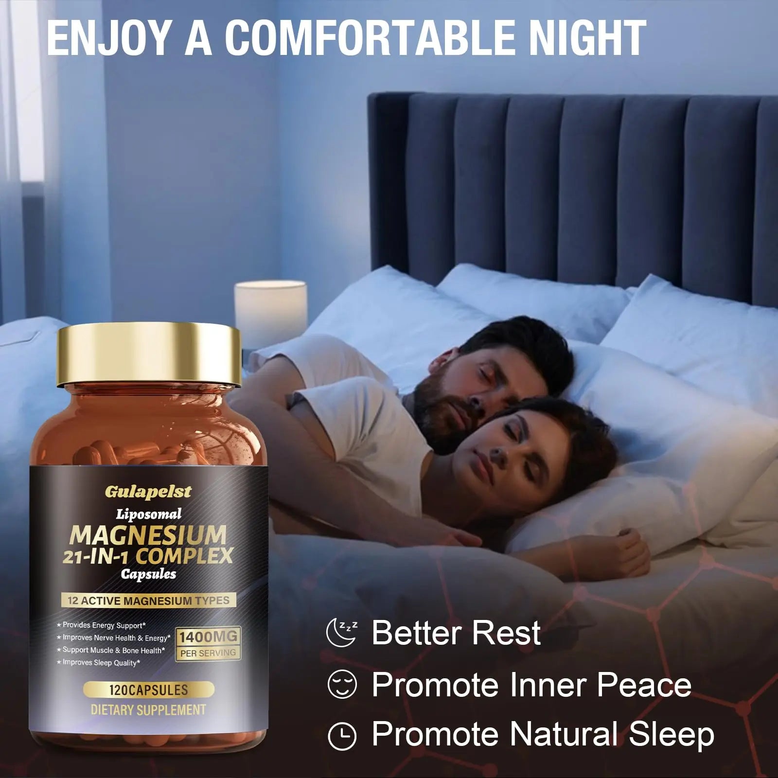 21 in 1 Liposomal 1400mg Magnesium Complex (Citrate, Glycinate, Malate etc) Capsule - 12 Active Types Magnesium with Vitamin D3, B6, B12, C, Ashwagandha & CoQ10 for Women & Men Gulapelst