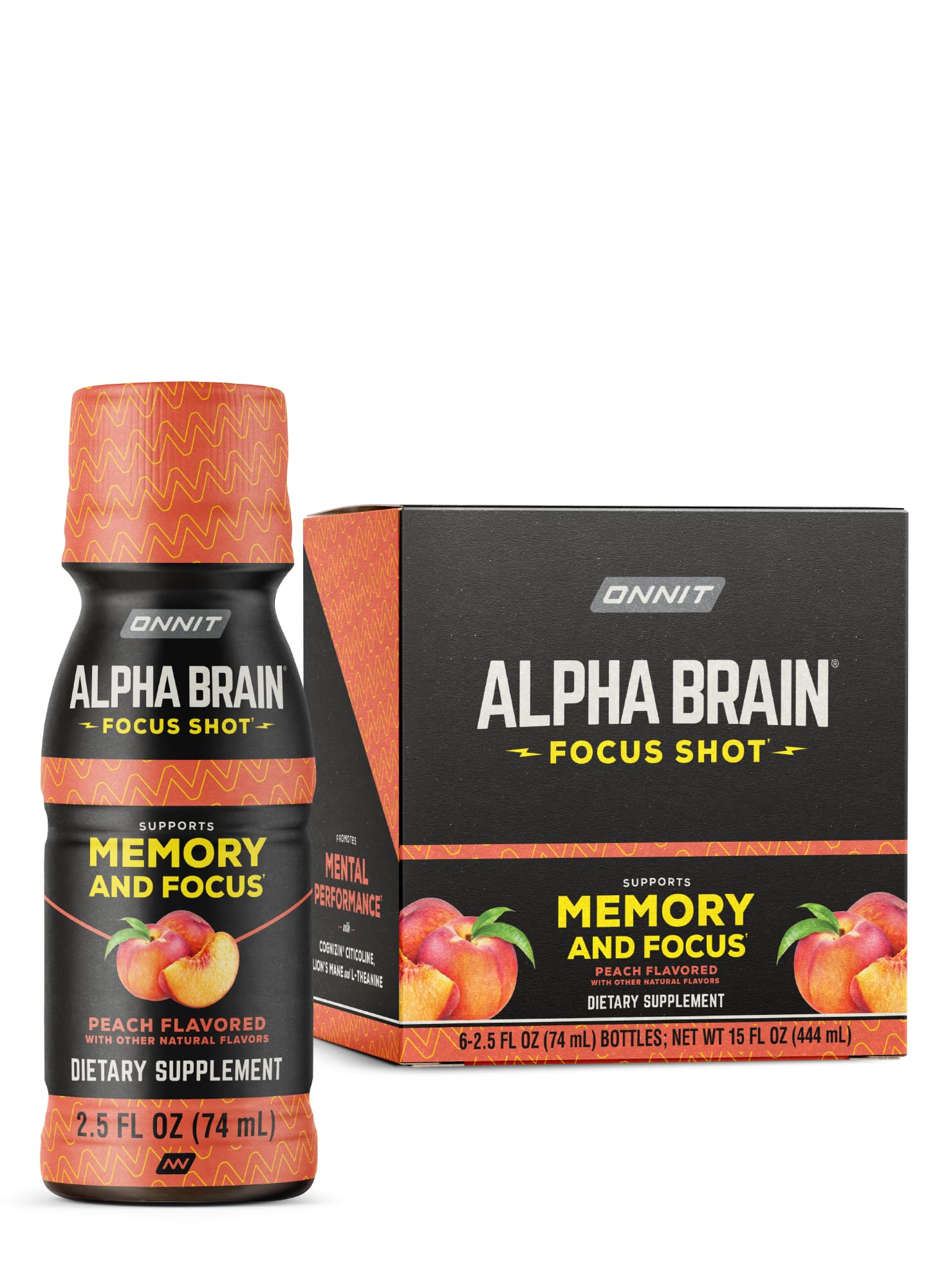ONNIT Alpha Brain Focus Shot, Peach Flavor, Nootropic Dietary Supplement Drink That Supports Energy, Focus, and Mood, IGEN™ Non-GMO Tested, 2.5 fl oz, 6 Count ONNITBuy Supplements Australia