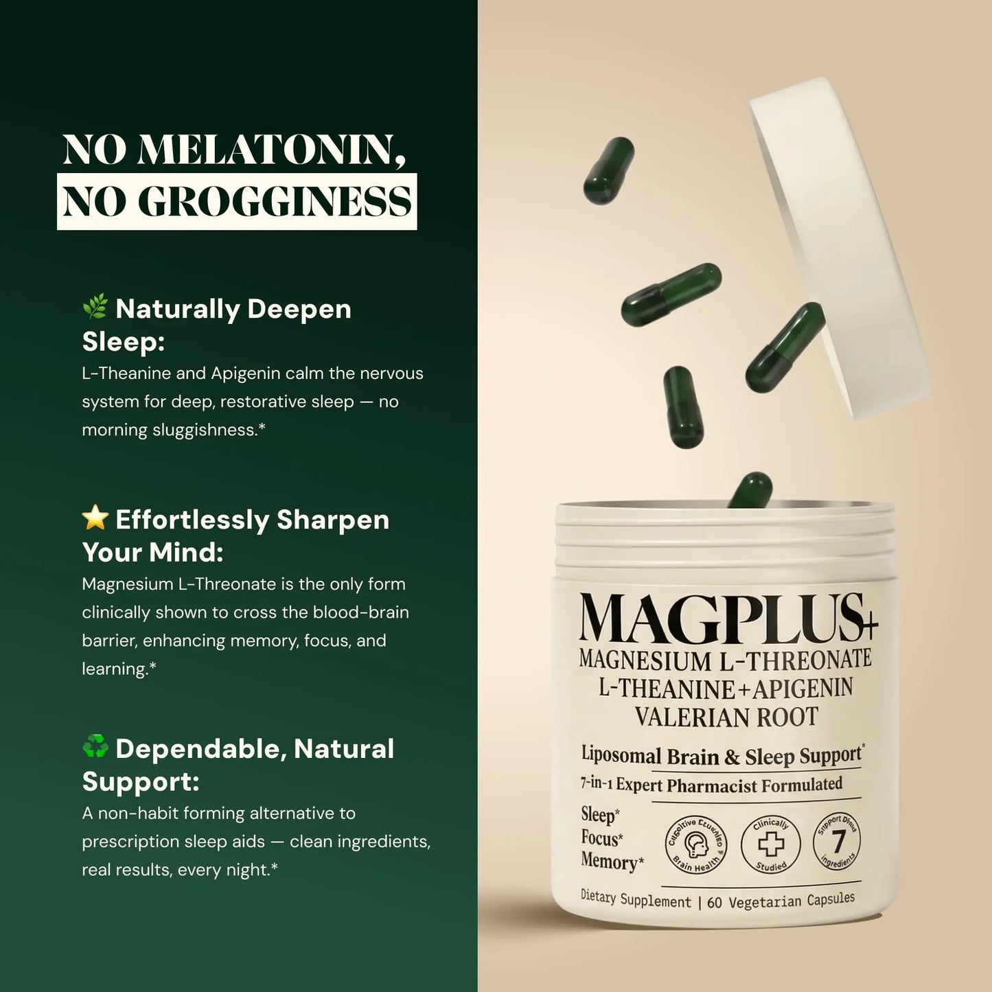 Magnesium L-Threonate with Apigenin, Valerian Root & L-Theanine – No Melatonin Restful Sleep & Brain Supplement – Clinically Studied 7-Ingredient Formula Plus+Ultra