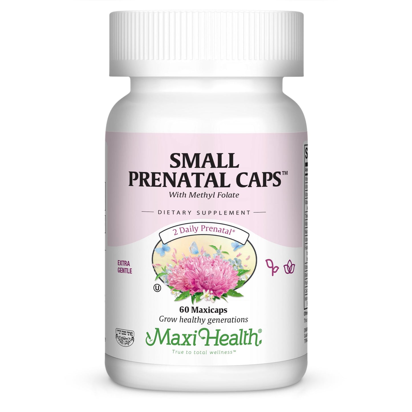 Maxi-Health Small Prenatal Capsules With Methyl Folate - Minerals, Gentle Iron, Vitamins - Kosher, 60 Count Maxi Health