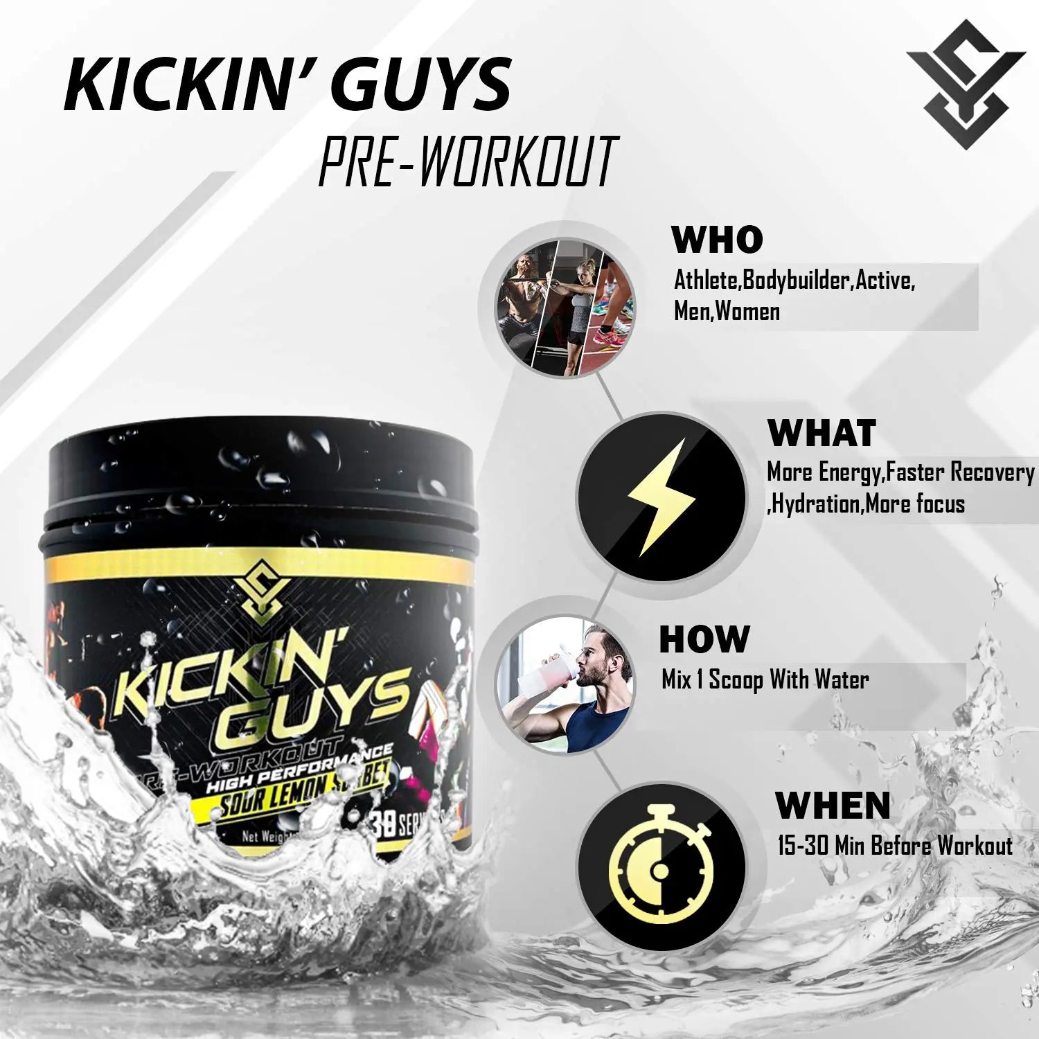 Kickin' Guys Pre Workout Powder Sports Nutrition Supplement - Explode Energy & Performance Yulian Svitolin LLC