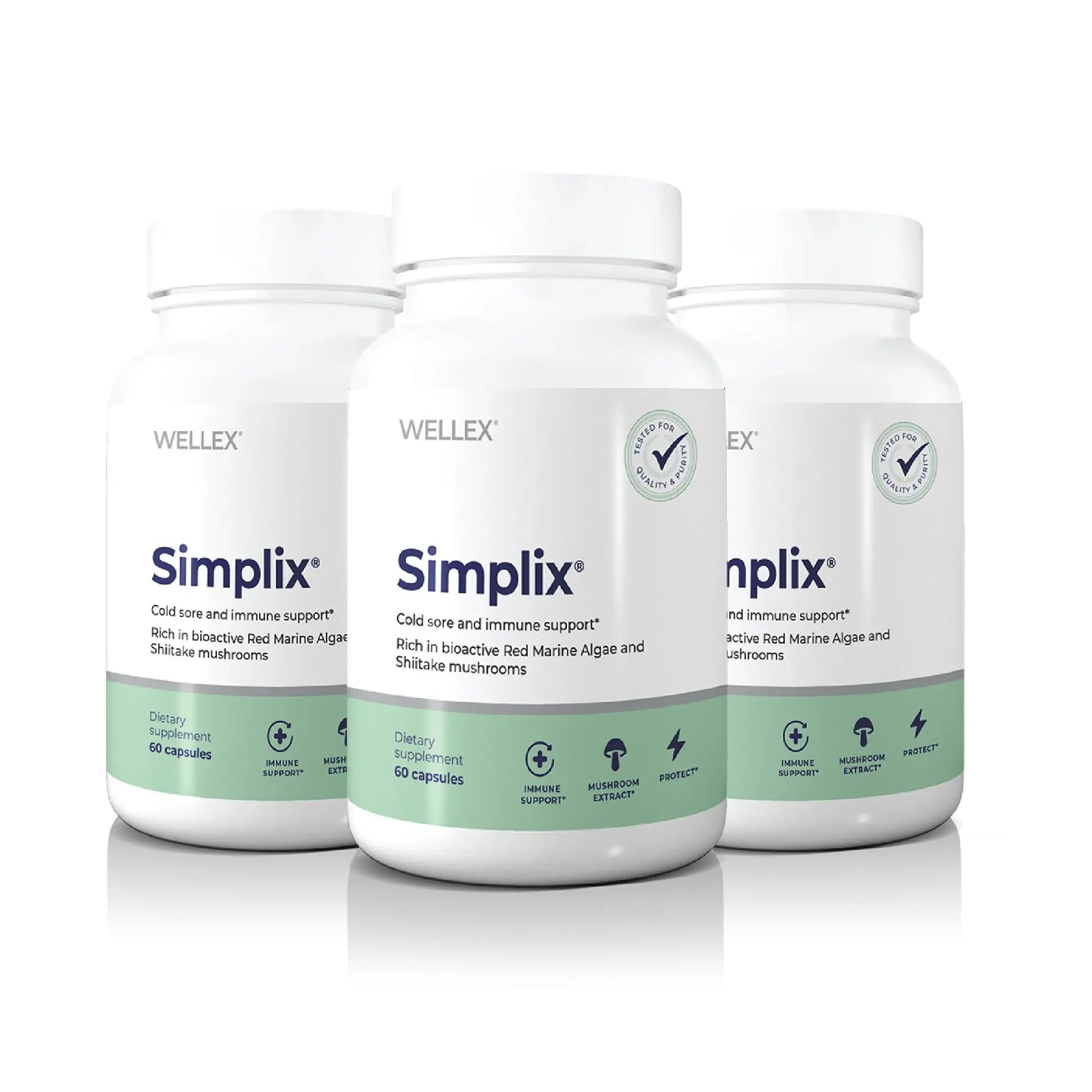 Three bottles of Simplix supplements from Wellex on a white background