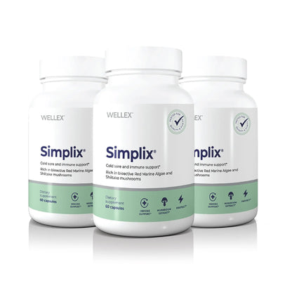 Three bottles of Simplix supplements from Wellex on a white background