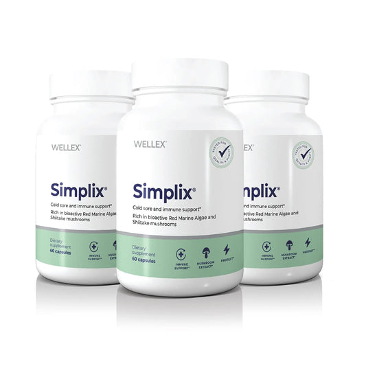 Three bottles of Simplix supplements from Wellex on a white background