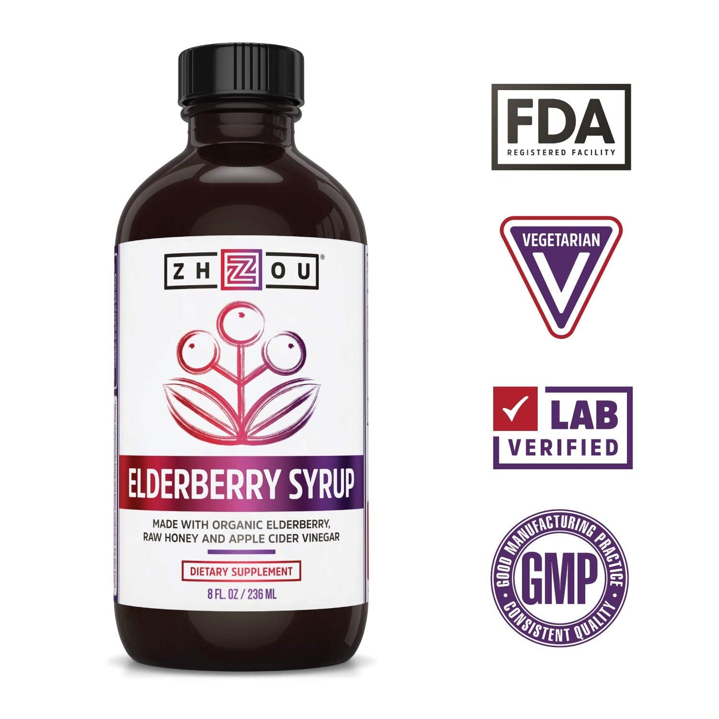 Zhou Nutrition Elderberry Syrup, Immune System Booster with Organic Elderberry Syrup Zhou Nutrition