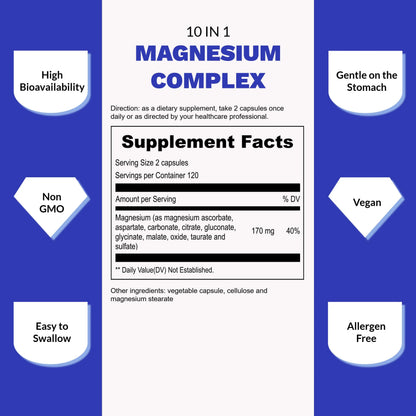 UpNourish Magnesium Supplement - 10 in 1 Magnesium Complex - Full Spectrum Magnesium Mineral Supplements with Glycinate, Citrate, Taurate, Malate, Carbonate, Oxide and More, 240 Vegan Capsules UpNourish buy supplements Au