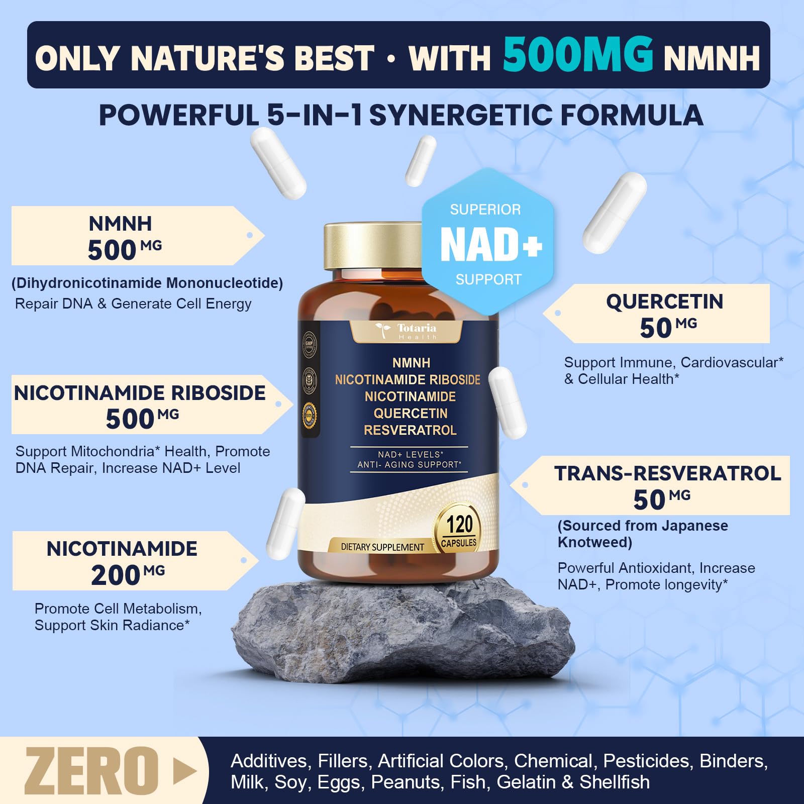 Totaria NMNH 500mg (Dihydronicotinamide Mononucleotide), Premium NMN Alternative Supplement w/Niacinamide (Vitamin B3), Quercetin, Trans-Resveratrol, for NAD+, Skin Cell, Anti-Aging & Energy, 120 Ct TotariaBuy Supplements Australia