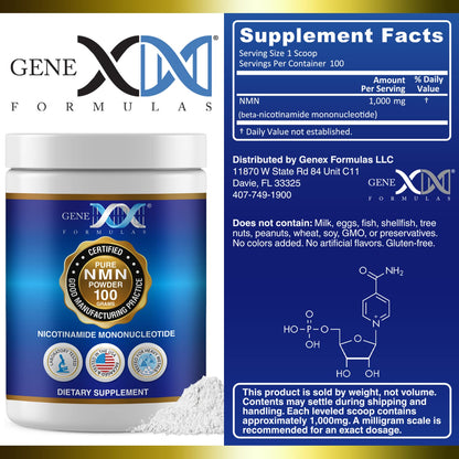 Genex Formulas Pure NMN Powder 100 Grams, Instant Dissolve, Shelf Stable, Non-Synthetic, PVP Free, Ultra-Low Density, 99.9% Pure NMN, Made in a US-Based, GMP, NSF & FSSC 22000 Certified Facility Genex FormulasBuy Supplements Australia
