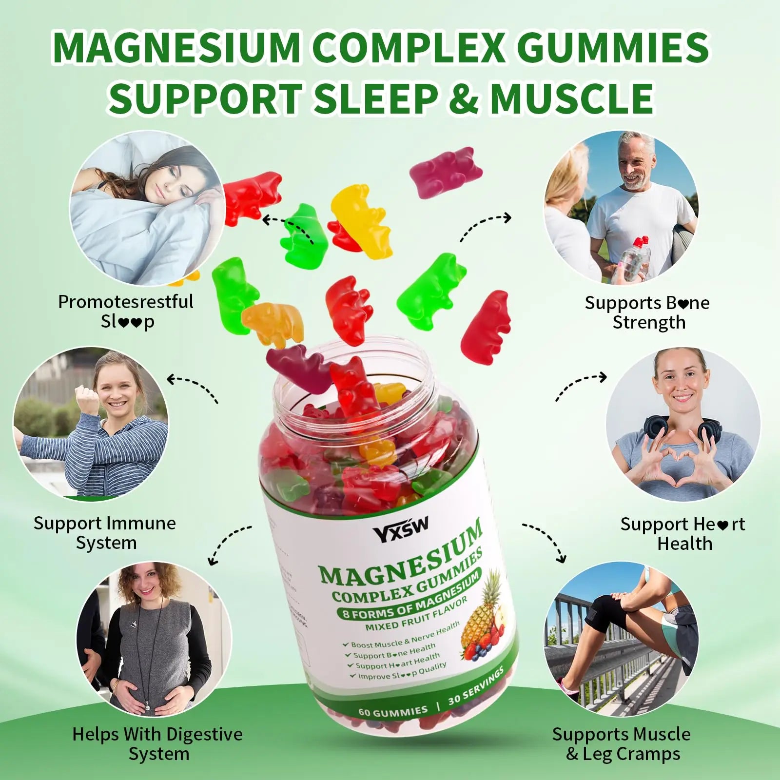 Magnesium Complex Gummies 8 Elemental 1000mg - Magnesium Glycinate, Citrate, Malate, Taurate, Supports Bones, Muscle, Nerve Health, for Women & Men, Vegan Non-GMO, Mixed Flavors, 60 Count YXSW buy supplements Au