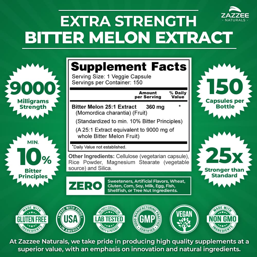 Zazzee Extra Strength Bitter Melon 25:1 Extract, 9000 mg Strength, 10% Bitter Principles Zazzee