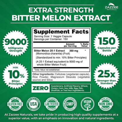 Zazzee Extra Strength Bitter Melon 25:1 Extract, 9000 mg Strength, 10% Bitter Principles Zazzee