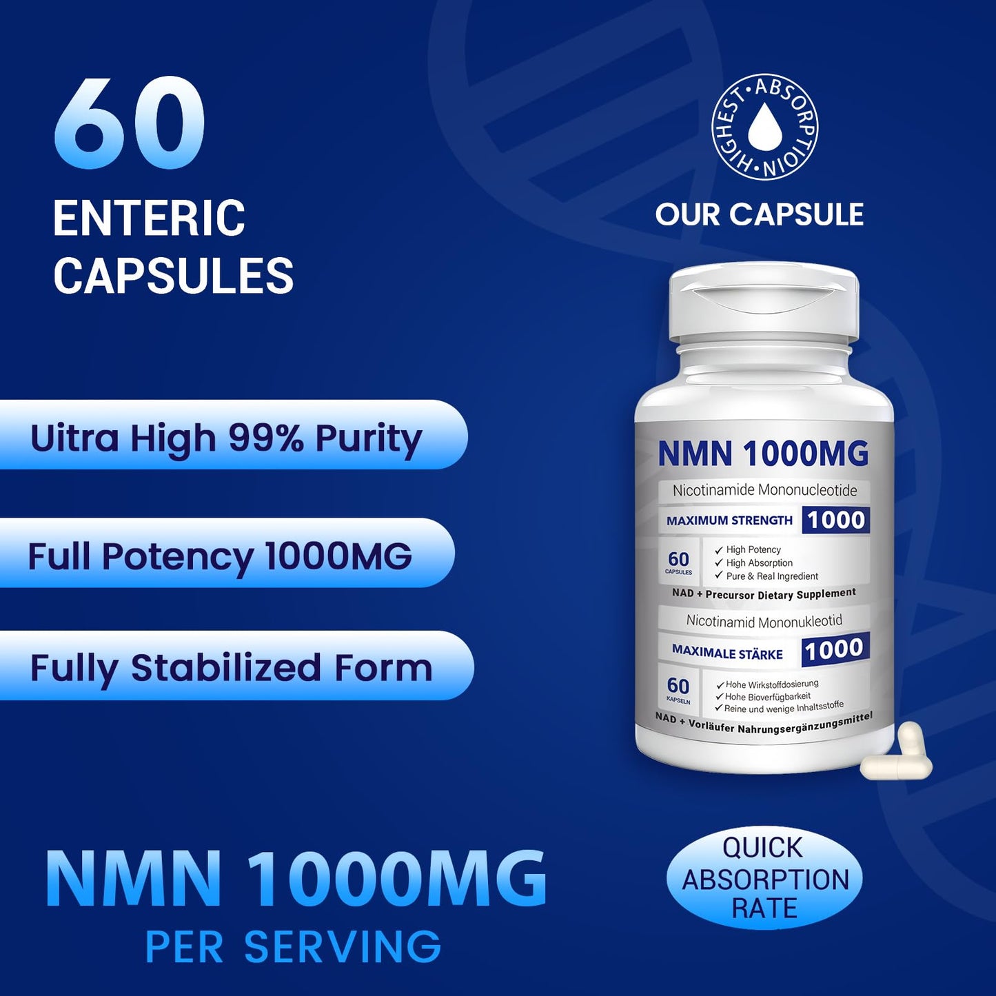 NMN 1000mg Per Serving Maximum Strength - 99% Pure NMN (Nicotinamide Mononucleotide) for NAD, Cell, Immune, Energy, Anti-Aging & Longevity, Stabilized NMN Supplements 1000mg - 60 Veggie Capsules CFUKINGBuy Supplements Australia